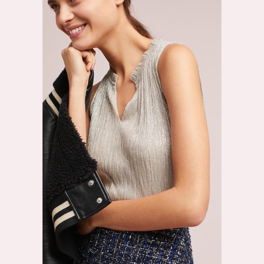 Anthropologie Vanessa Virginia Metallic Silver Shimmer Sleeveless Top